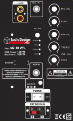 Käytetty AudioDesignPRO M2 10WL 10" kannettava akkukäyttöinen kaiutin+2x langatonta mikkiä USB/BT/SD kopio 108485