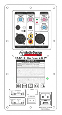 AudioDesignPro M8 aktiivikaiutin takapaneeli