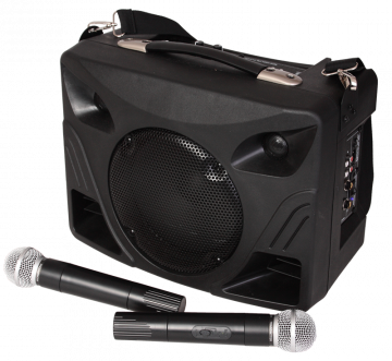 Portable battery powered speaker with 2 UHF mics