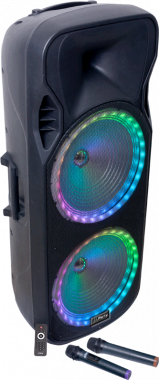 PORTABLE SOUND SYSTEM 2 x 15’’/38cm - 900W WITH USB, SD, TF, BLUETOOTH, FM & 2x UHF MICS